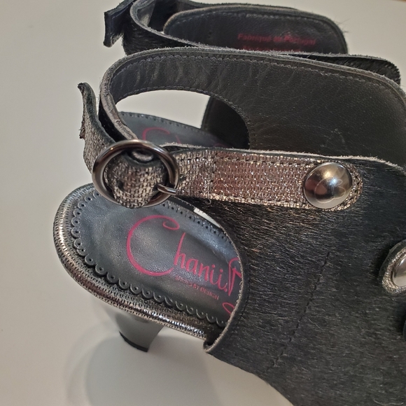 Chanii B 39 Heels Honey Black Platinum open toe sandal Strappy Military Silver - Picture 10 of 16